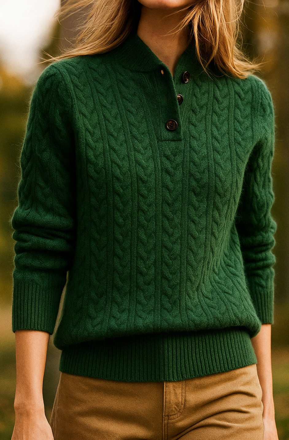 Women's Cable-Knit Button-Neck Long-Sleeve Sweater