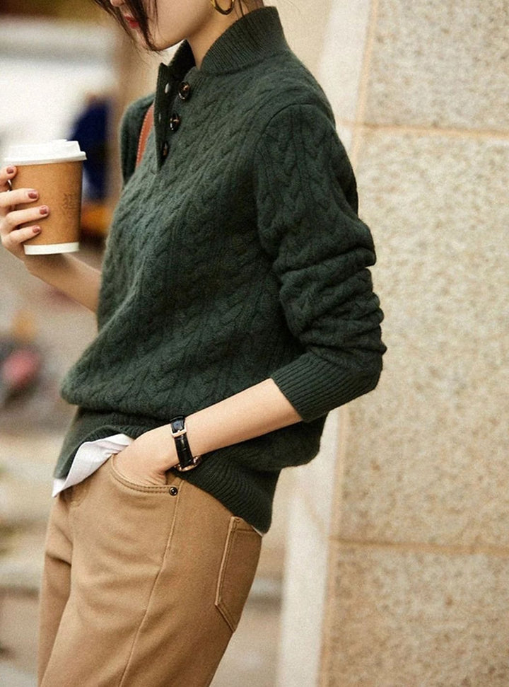 Women's Cable-Knit Button-Neck Long-Sleeve Sweater