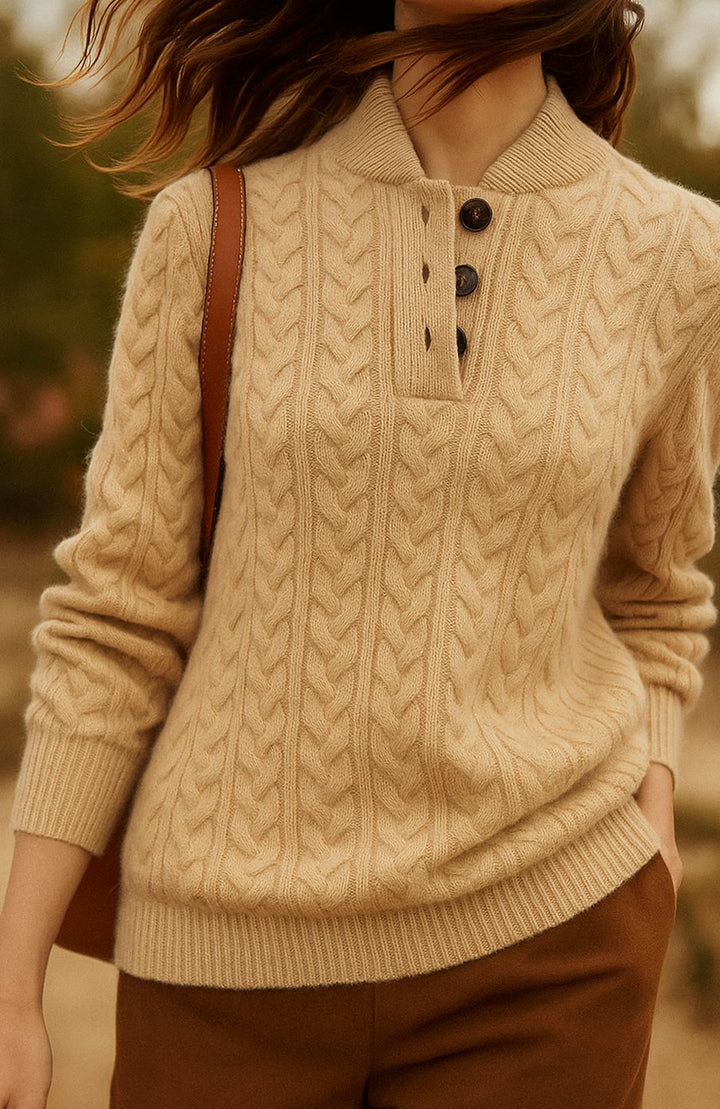 Women's Cable-Knit Button-Neck Long-Sleeve Sweater - Khaki