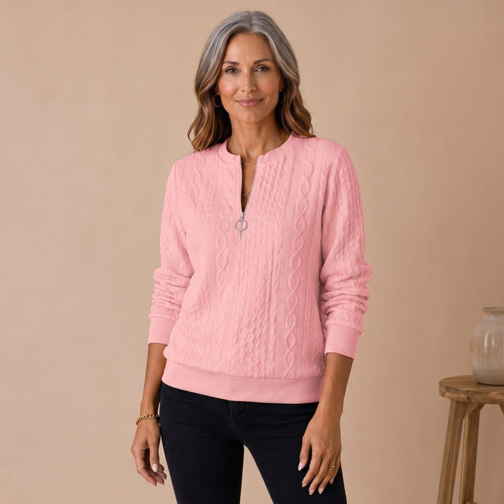 Women's Cable Knit Quarter Zip Sweater Relaxed Pullover - Pink