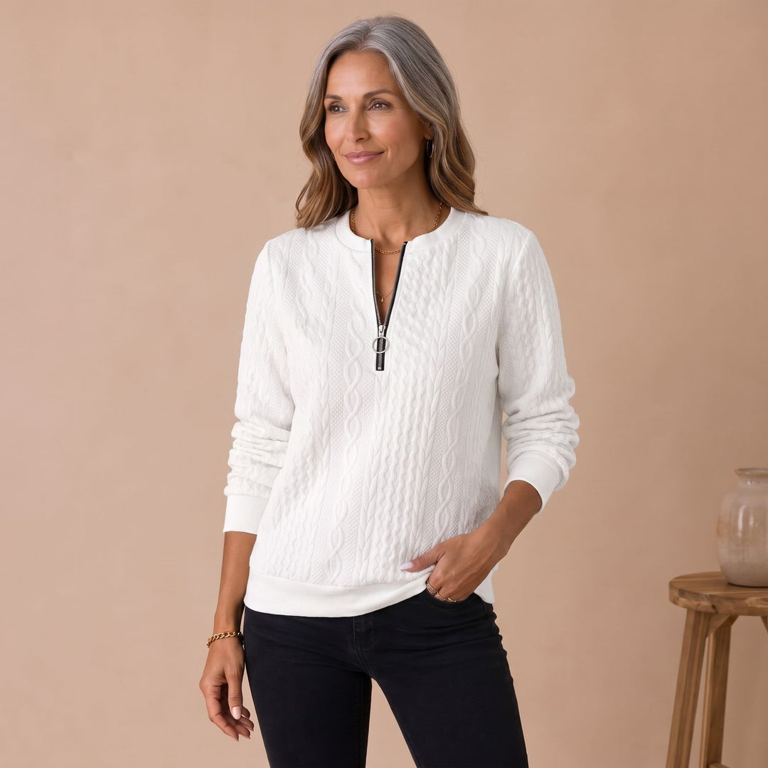 Women's Cable Knit Quarter Zip Sweater Relaxed Pullover - White