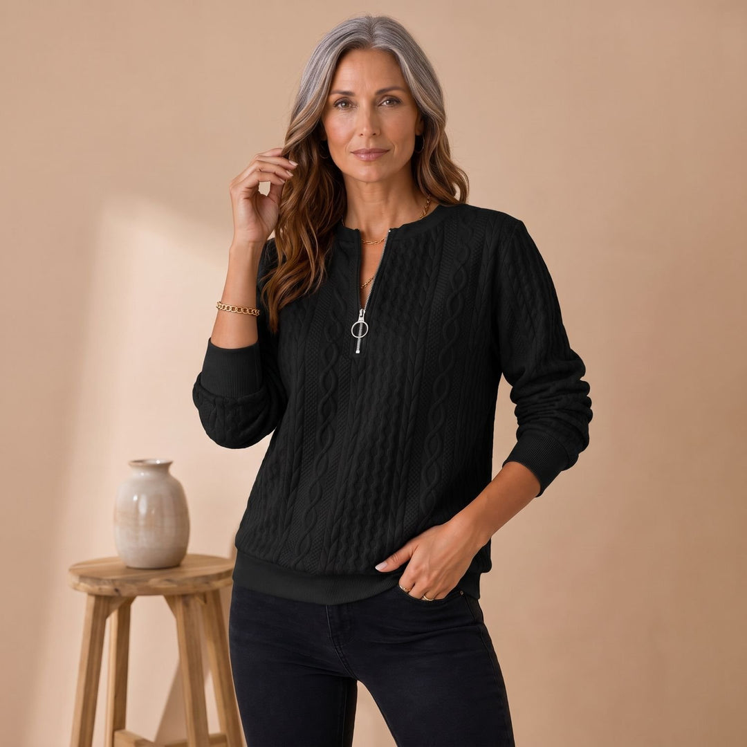Women's Cable Knit Quarter Zip Sweater Relaxed Pullover - Black