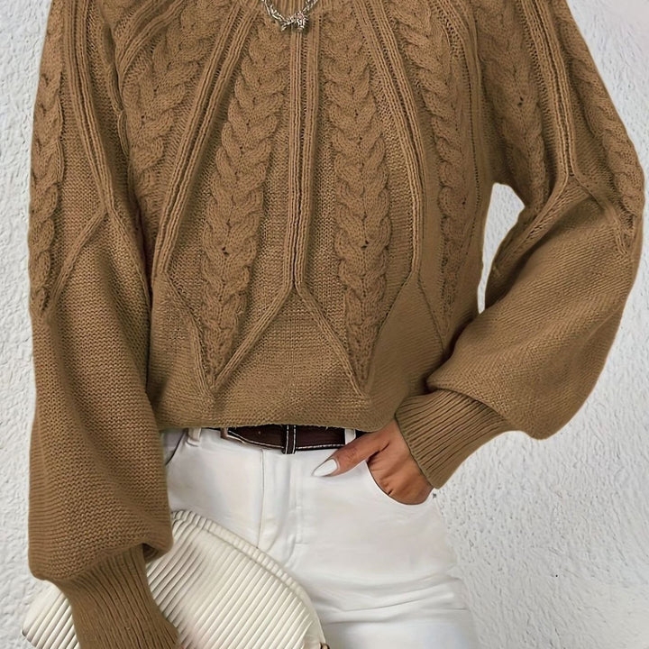 Women's Cable-Knit Round-Neck Raglan Sleeve Sweater - Camel