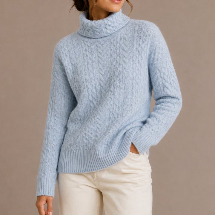 Women's Cable Knit Turtleneck Sweater Relaxed Chunky Pullover - Blue