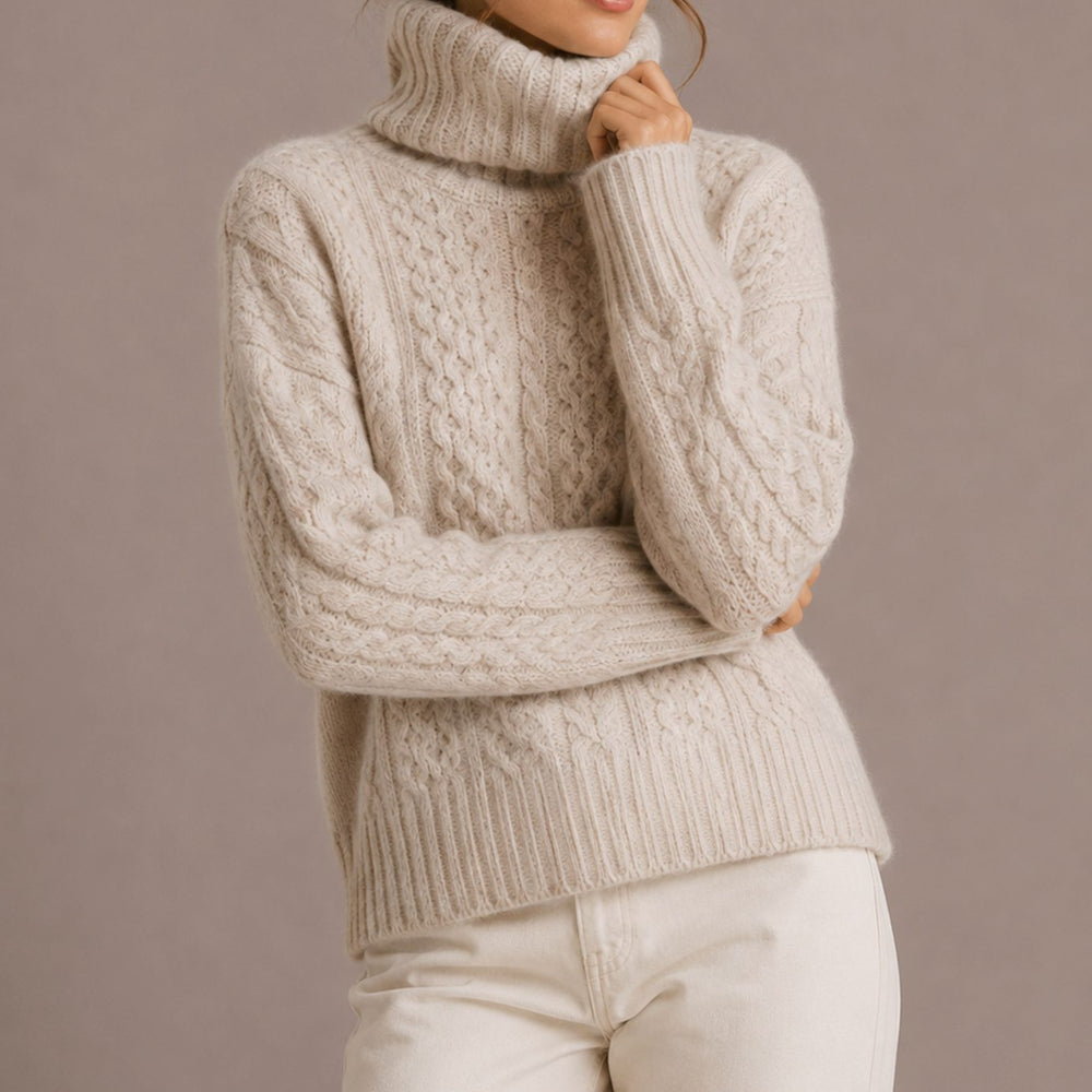 Women's Cable Knit Turtleneck Sweater Relaxed Chunky Pullover - Beige