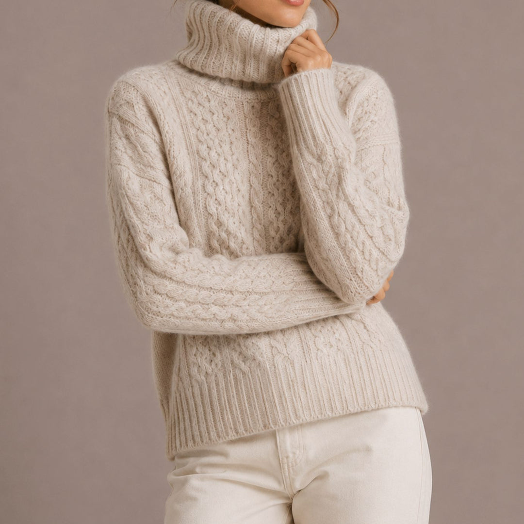 Women's Cable Knit Turtleneck Sweater Relaxed Chunky Pullover - Beige