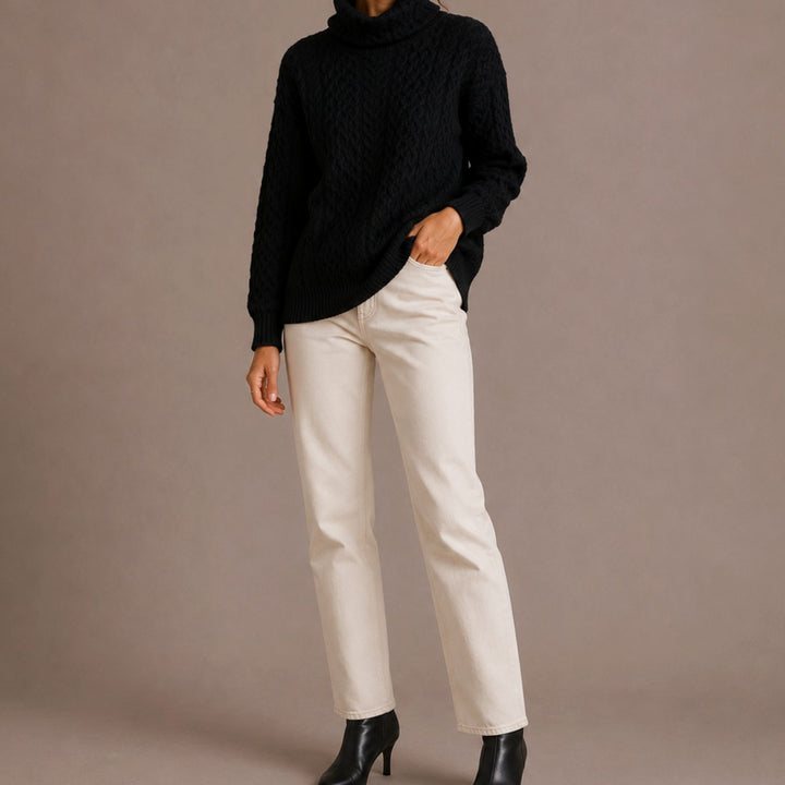 Women's Cable Knit Turtleneck Sweater Relaxed Chunky Pullover - Black