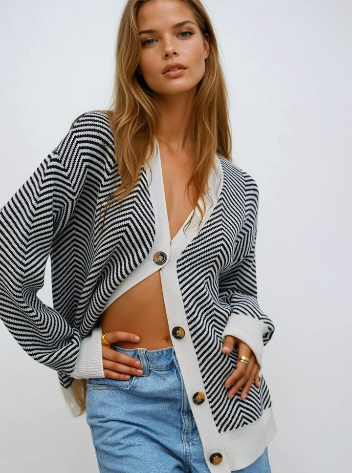 Women's Chevron Knit V-Neck Button-Up Cardigan