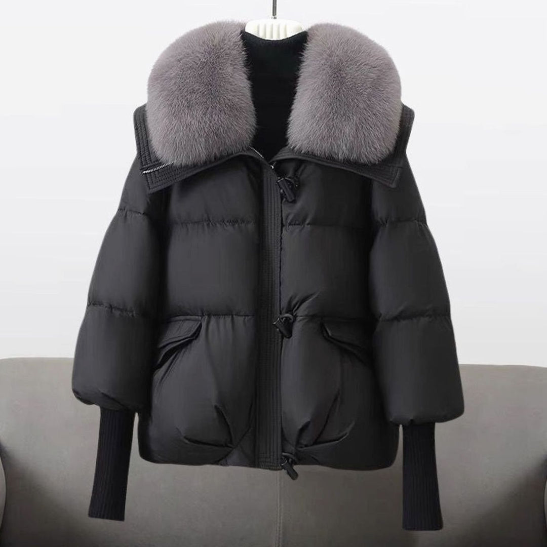 Women's Chic Puffer Winter Jacket Faux Fur Collar - Black