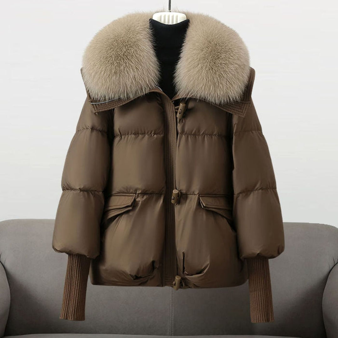 Women's Chic Puffer Winter Jacket Faux Fur Collar - Brown