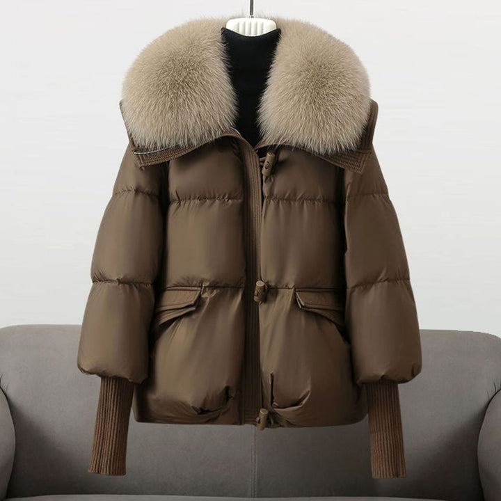 Women's Chic Puffer Winter Jacket Faux Fur Collar - Brown
