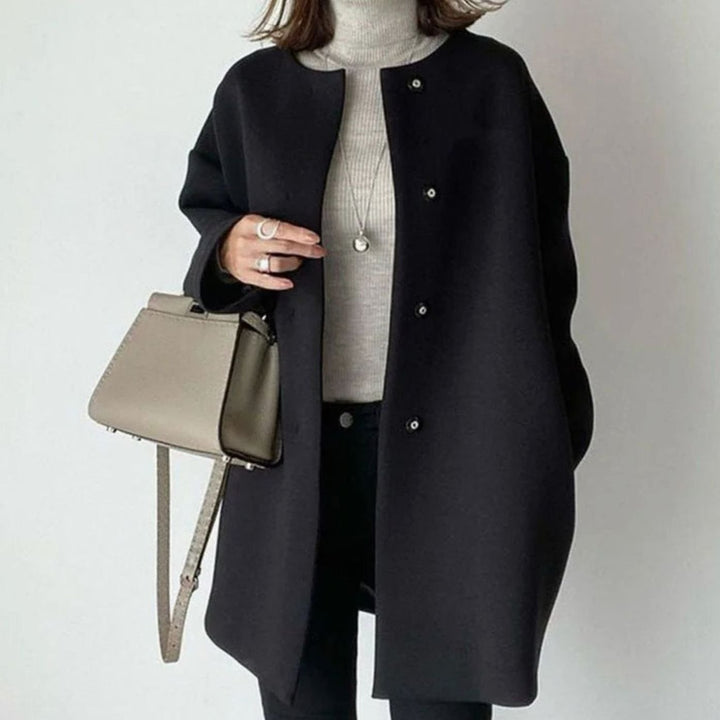 Women's Chic Winter Coat Collarless Button-Front Relaxed Fit - Black