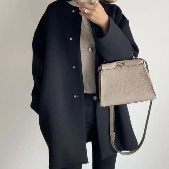 Women's Chic Winter Coat Collarless Button-Front Relaxed Fit