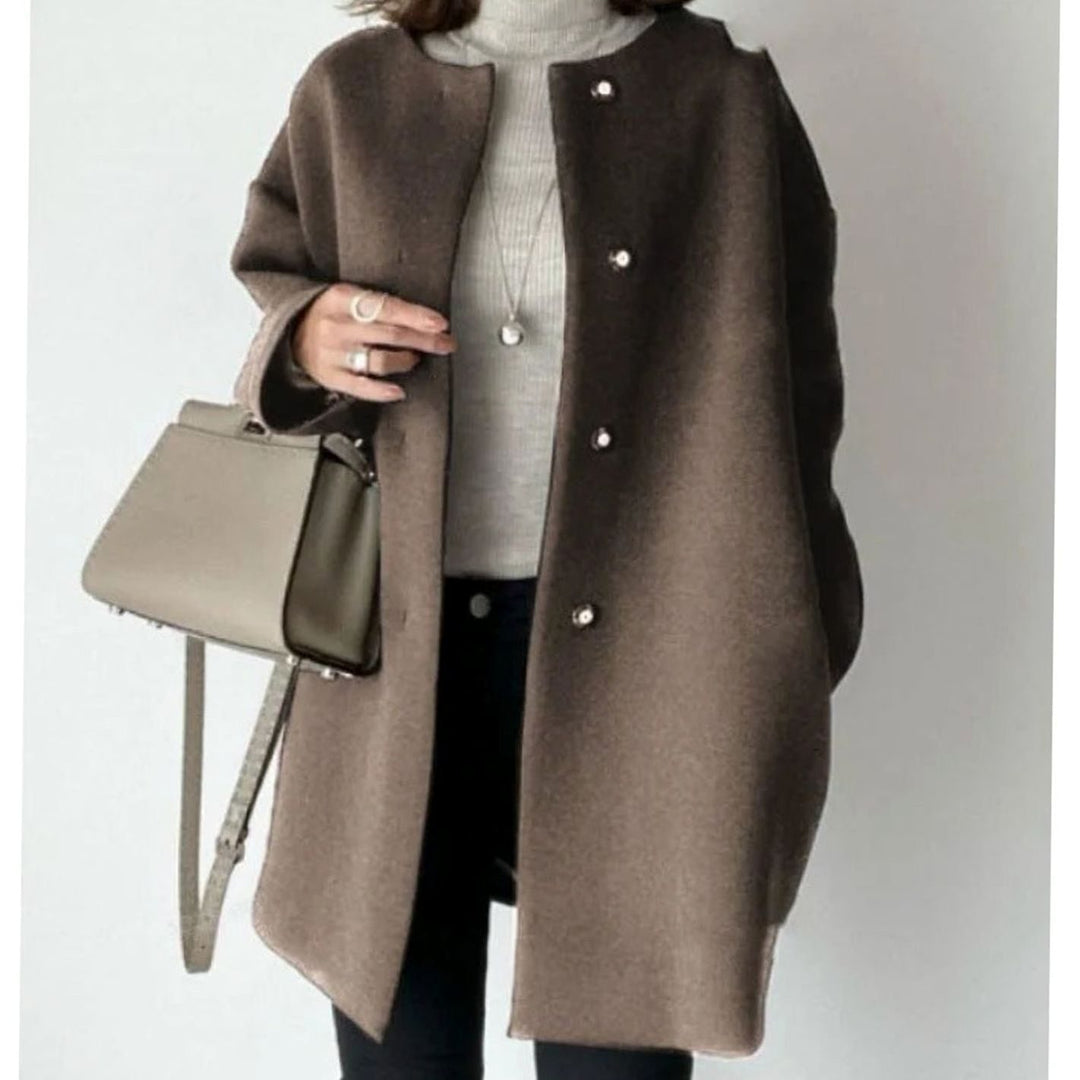 Women's Chic Winter Coat Collarless Button-Front Relaxed Fit - Brown