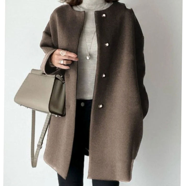 Women's Chic Winter Coat Collarless Button-Front Relaxed Fit - Brown