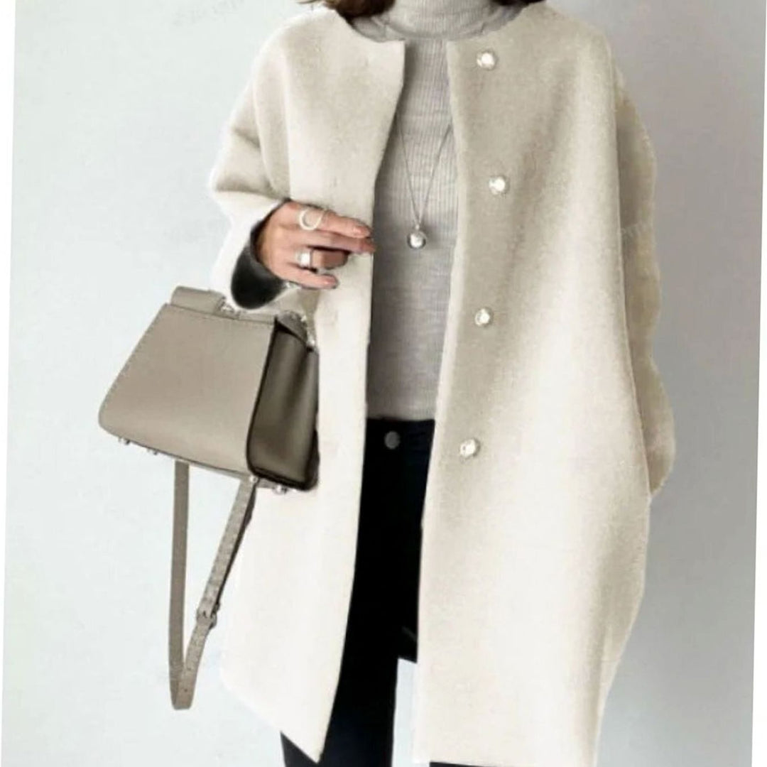 Women's Chic Winter Coat Collarless Button-Front Relaxed Fit - White