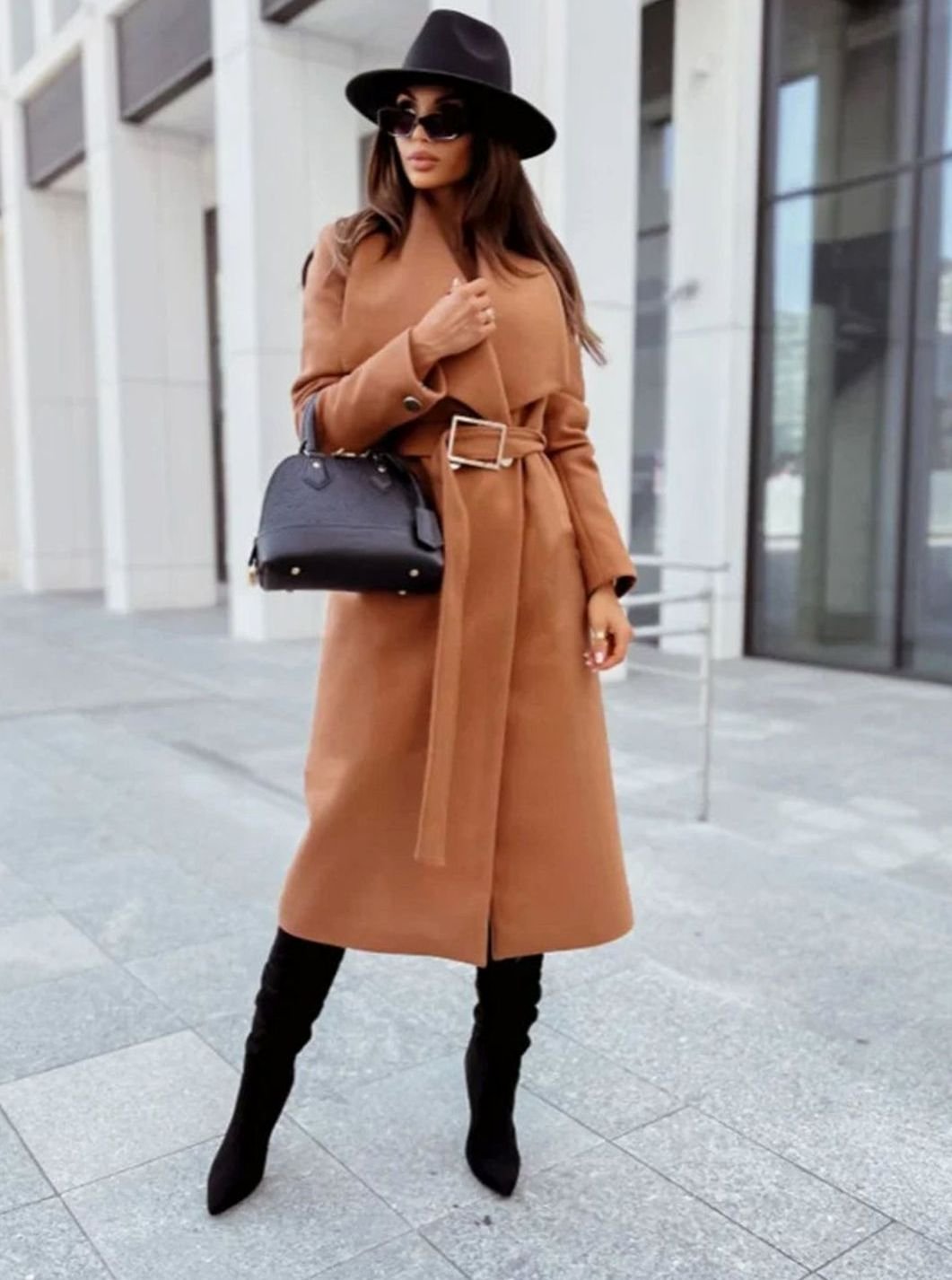 Women's Chic Wool Belted Wrap Long Winter Coat - Bronze