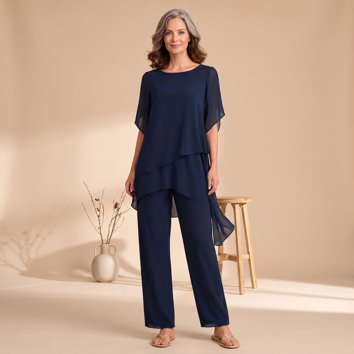 Women's Chiffon Asymmetric Layered Top Wide-Leg Pants Two Piece Set - Blue