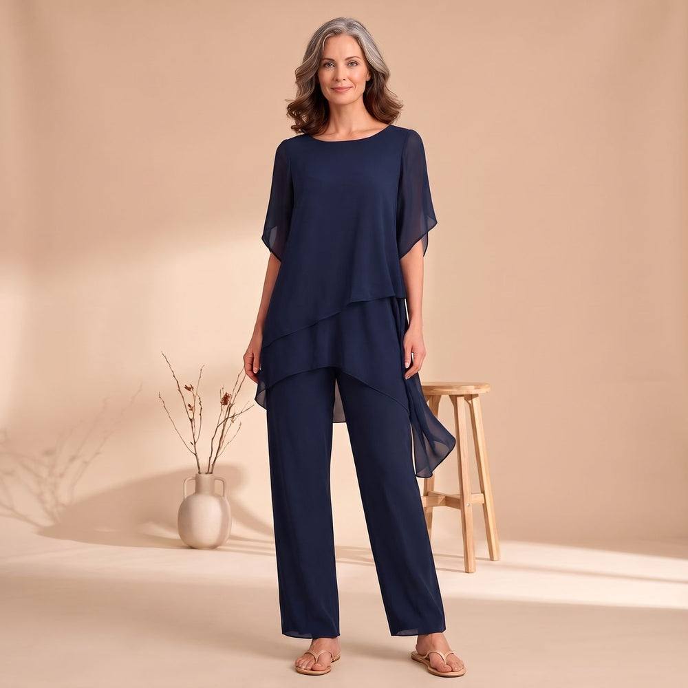 Women's Chiffon Asymmetric Layered Top Wide-Leg Pants Two Piece Set