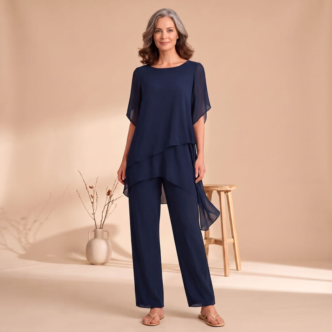 Women's Chiffon Asymmetric Layered Top Wide-Leg Pants Two Piece Set