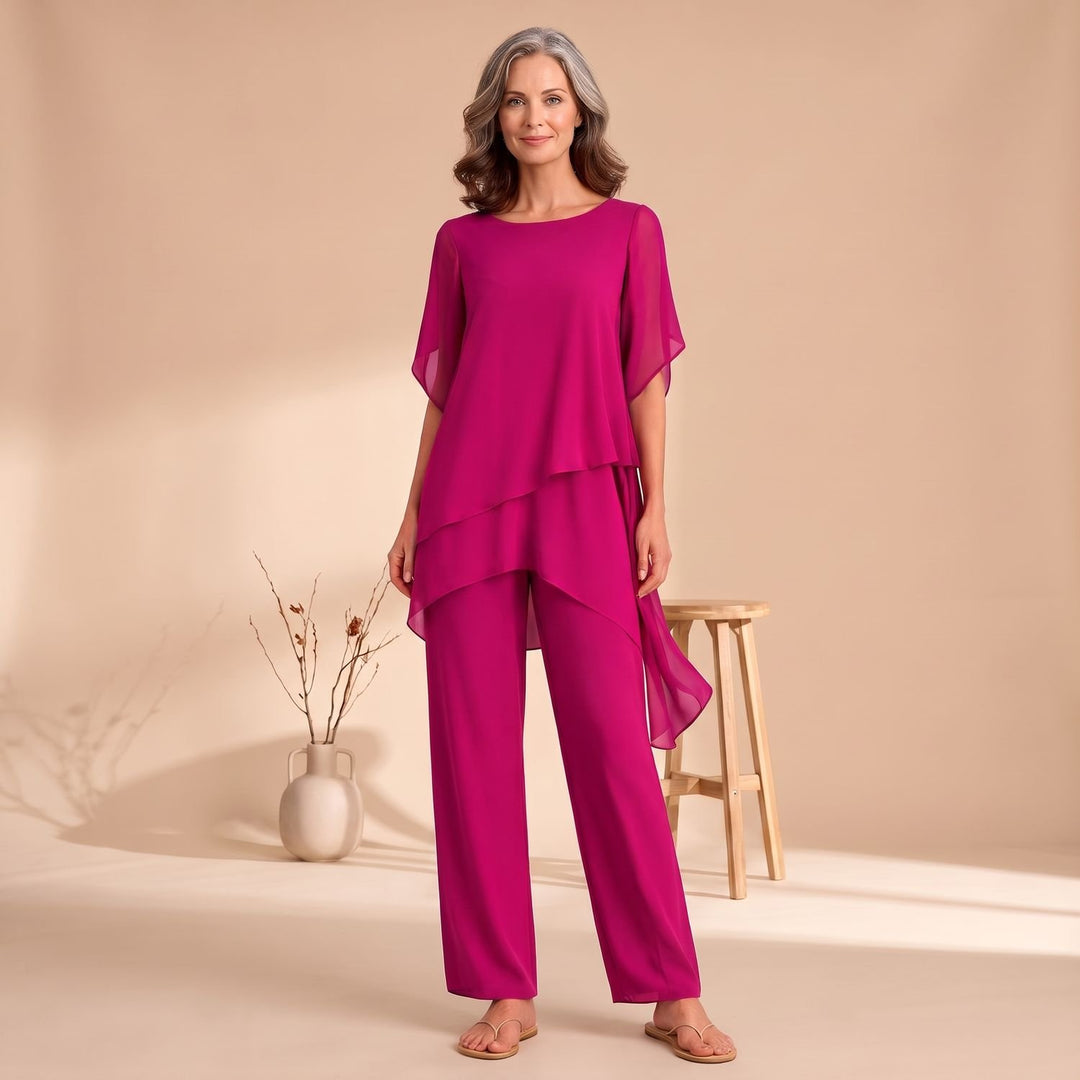 Women's Chiffon Asymmetric Layered Top Wide-Leg Pants Two Piece Set