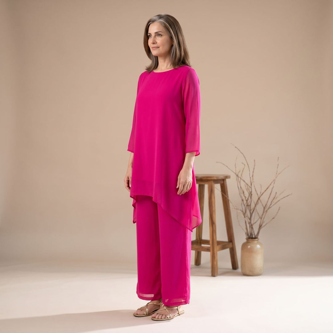 Women's Chiffon Asymmetric Layered Top Wide-Leg Pants Two Piece Set - Pink