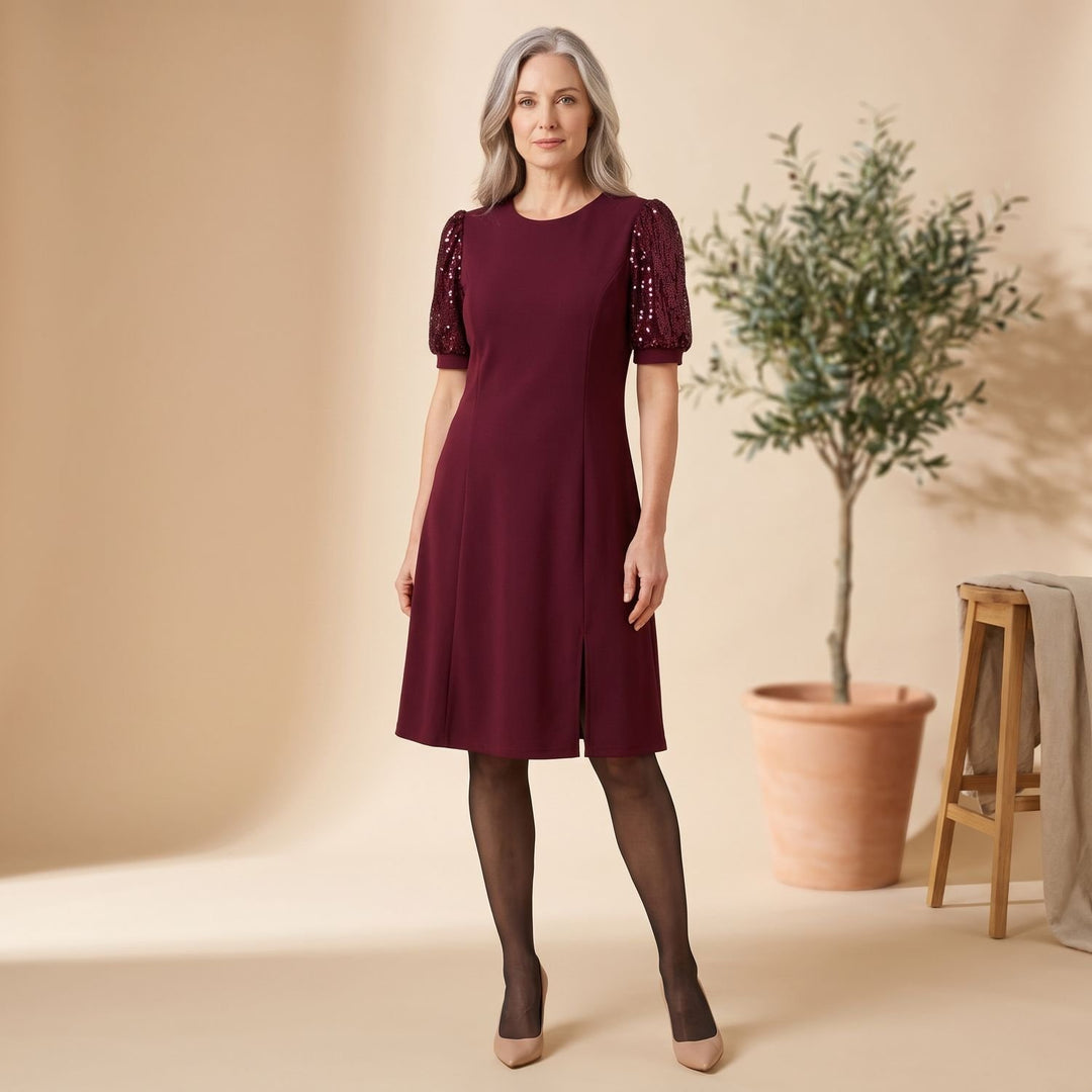 Women's Christmas Party Dress Puff-Sleeve Sequin-Panel A-Line