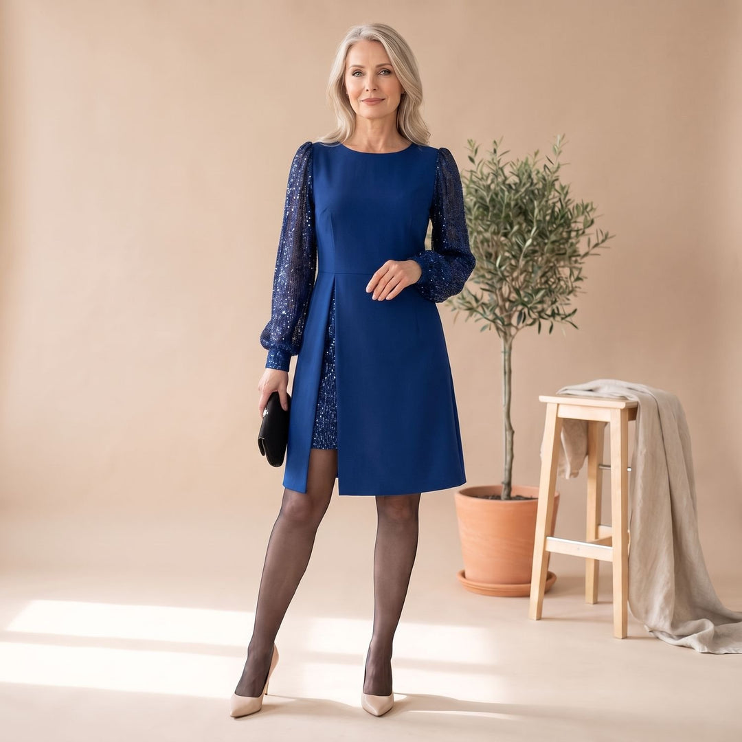 Women's Christmas Party Dress Puff-Sleeve Sequin-Panel A-Line