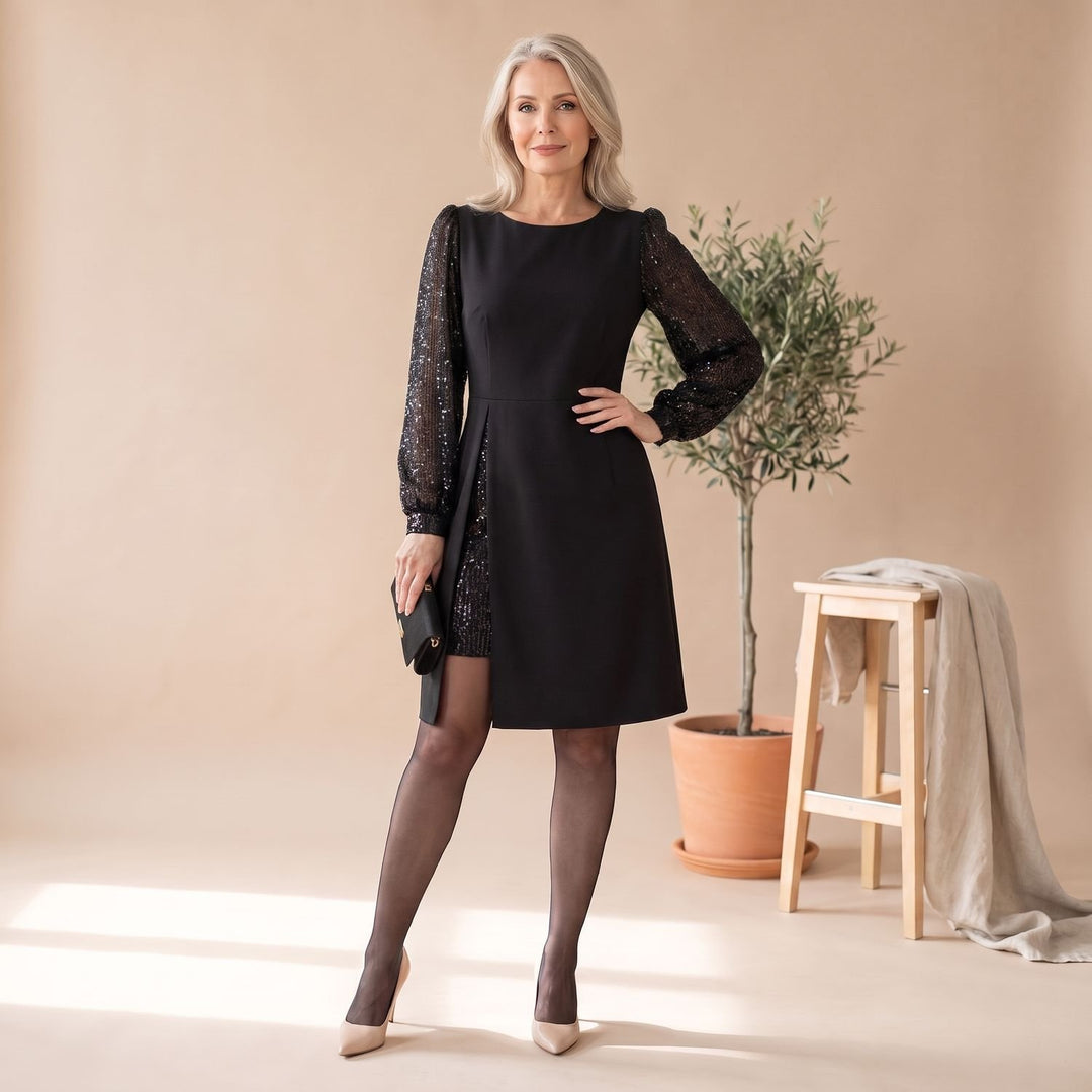 Women's Christmas Party Dress Puff-Sleeve Sequin-Panel A-Line