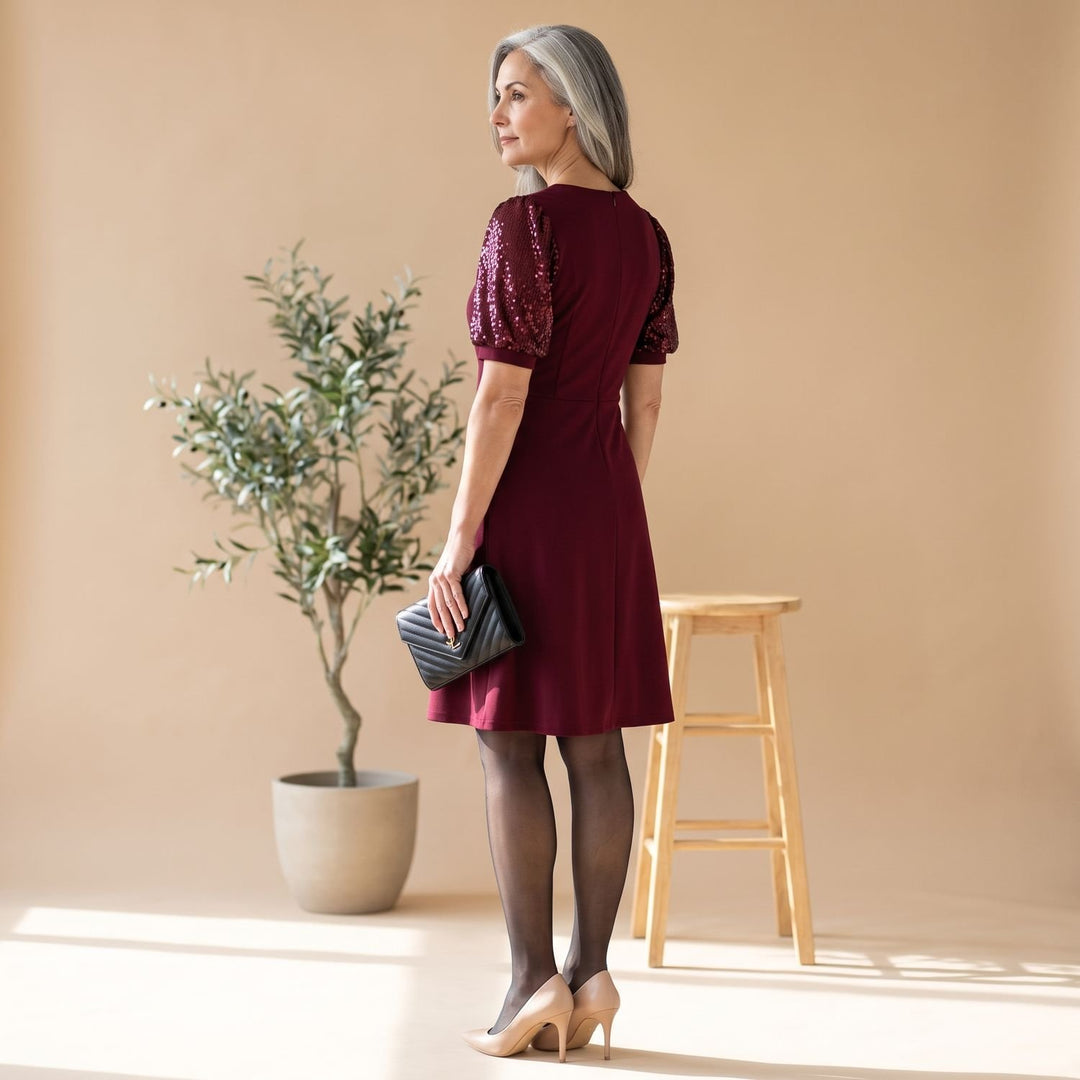 Women's Christmas Party Dress Puff-Sleeve Sequin-Panel A-Line