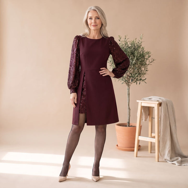 Women's Christmas Party Dress Puff-Sleeve Sequin-Panel A-Line