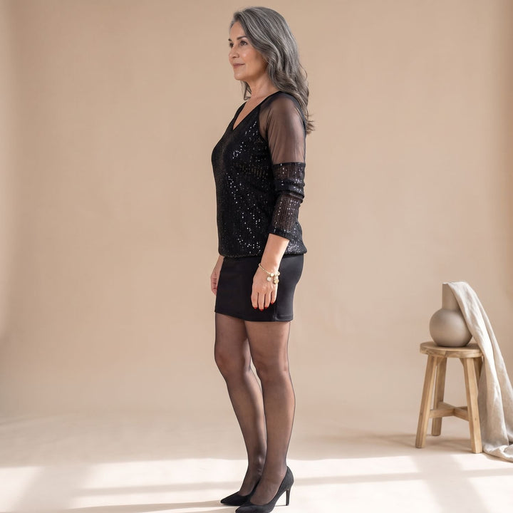 Women's Christmas Party Sequin Sheer-Sleeve V-Neck Formal Mini Dress