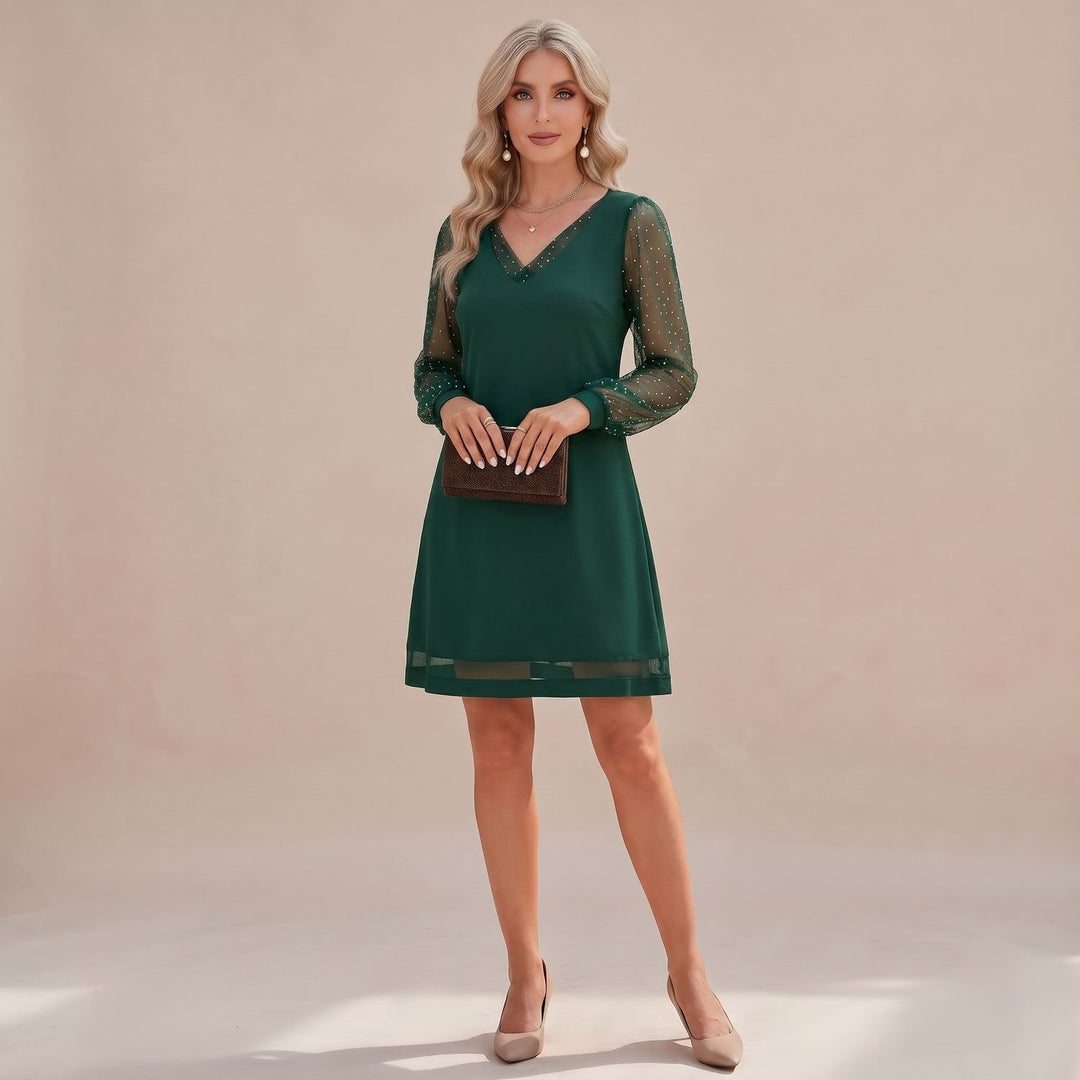 Women's Christmas Party V-Neck Pearl Mesh Long-Sleeve Mini Dress - Green