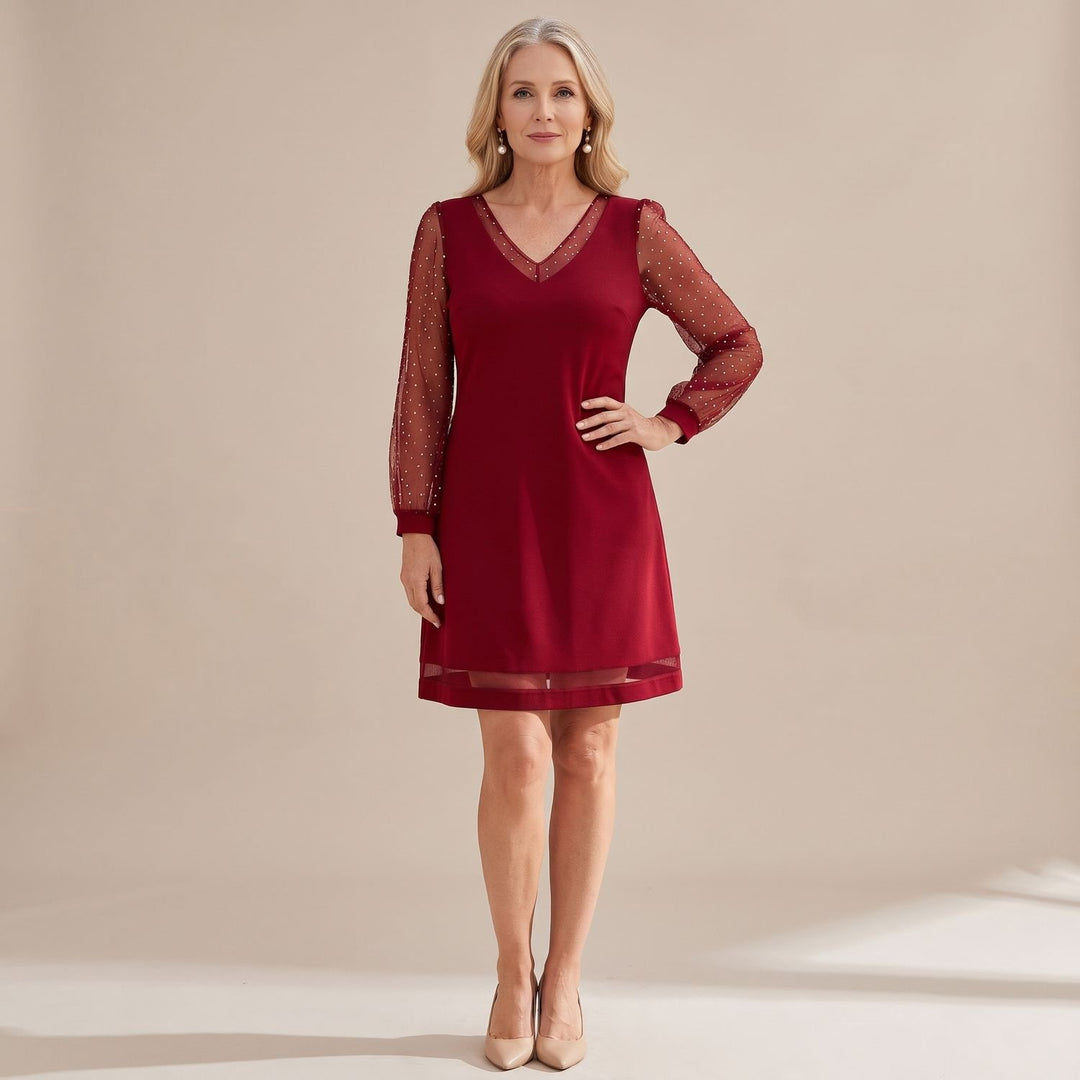 Women's Christmas Party V-Neck Pearl Mesh Long-Sleeve Mini Dress - Red