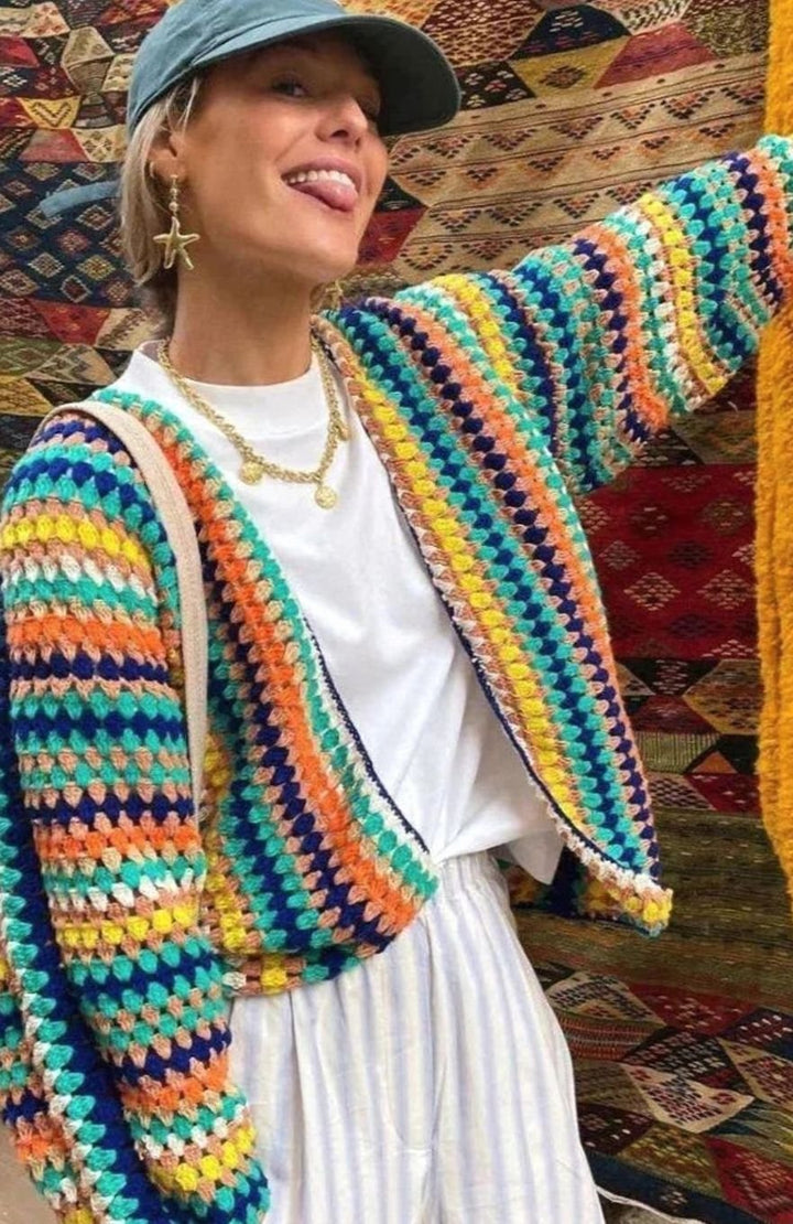 Women's Chunky Crochet Knit Cardigan Rainbow Striped Sweater - Rainbow Stripes