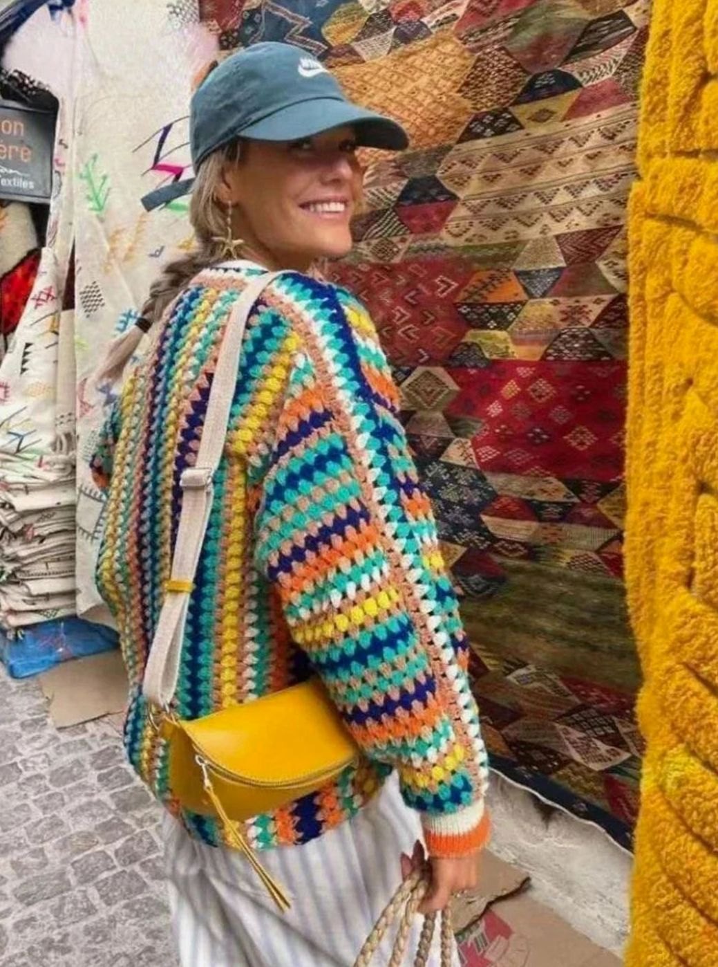 Women's Chunky Crochet Knit Cardigan Rainbow Striped Sweater
