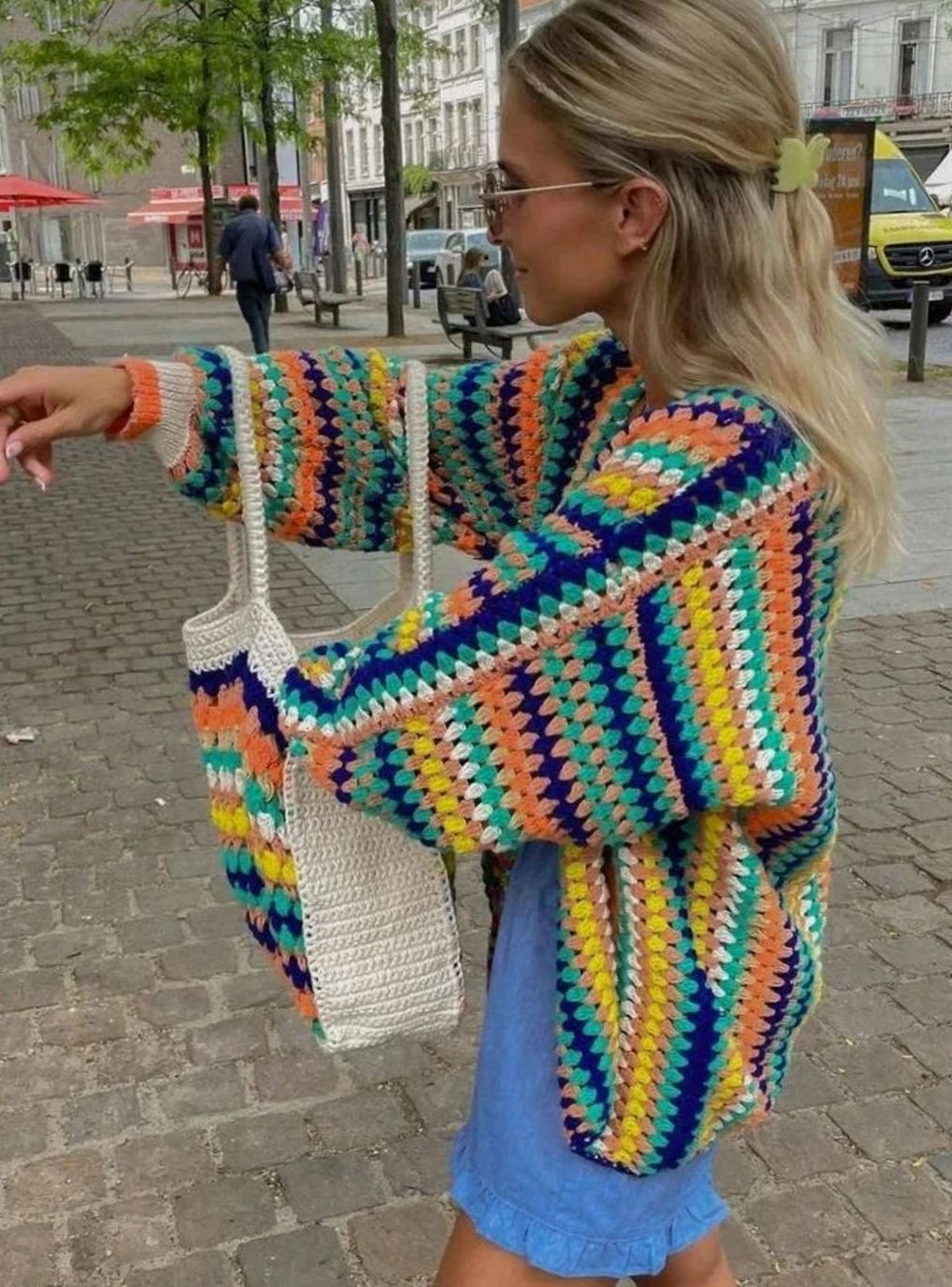 Women's Chunky Crochet Knit Cardigan Rainbow Striped Sweater