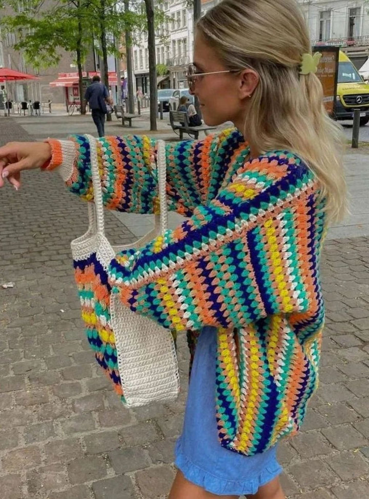 Women's Chunky Crochet Knit Cardigan Rainbow Striped Sweater