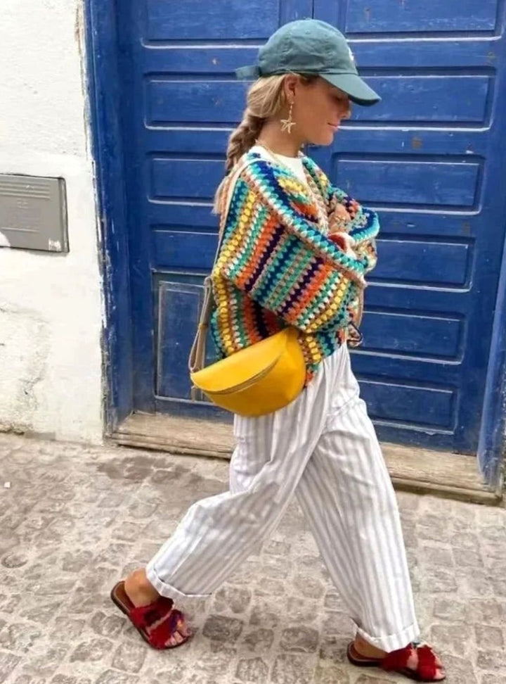 Women's Chunky Crochet Knit Cardigan Rainbow Striped Sweater