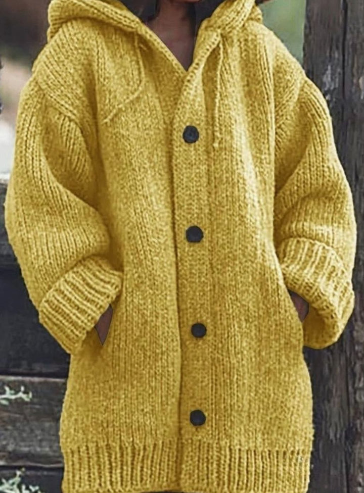 Women's Chunky Knit Hooded Oversized Cardigan with Pockets - Yellow