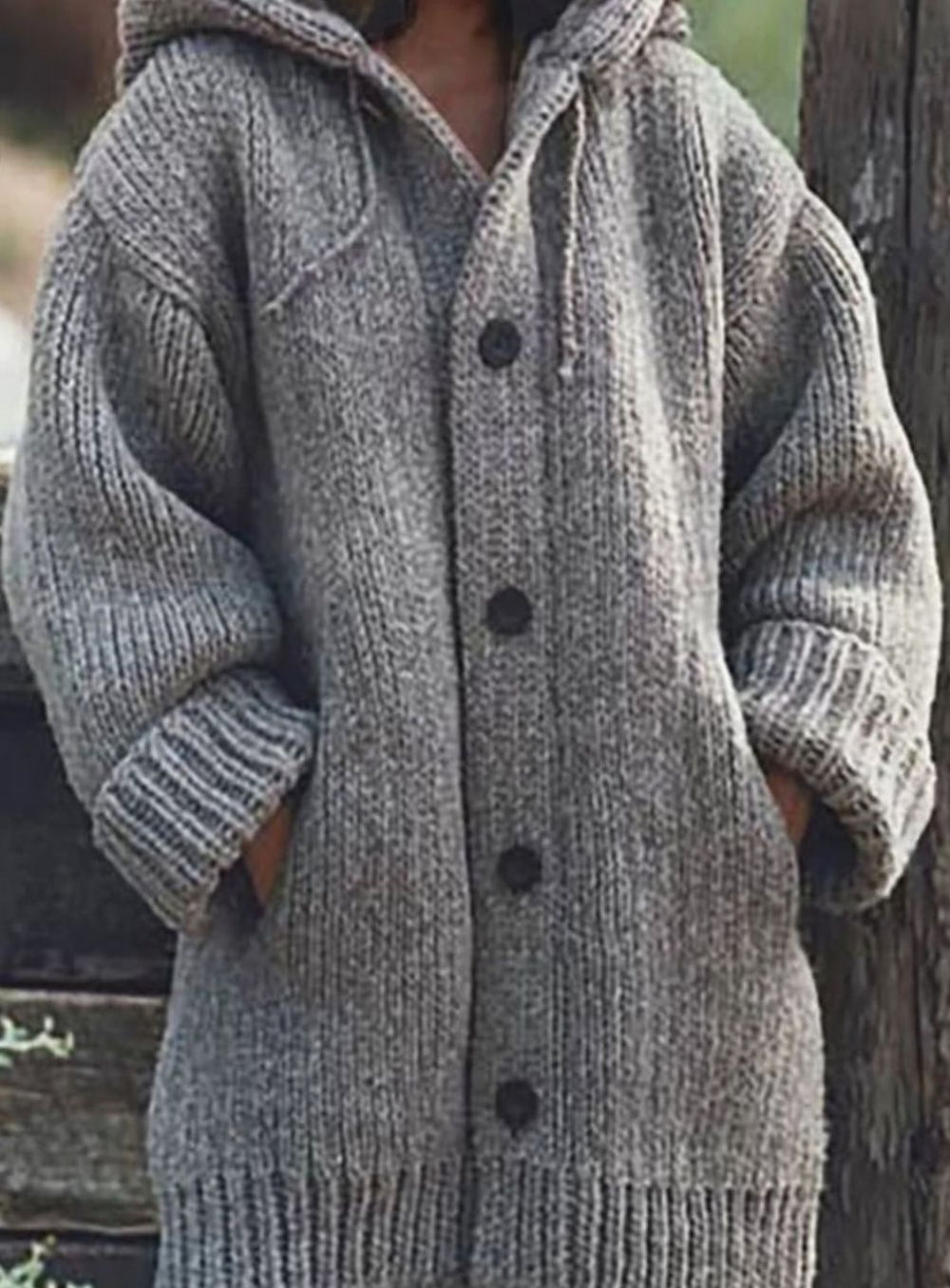 Women's Chunky Knit Hooded Oversized Cardigan with Pockets - Gray