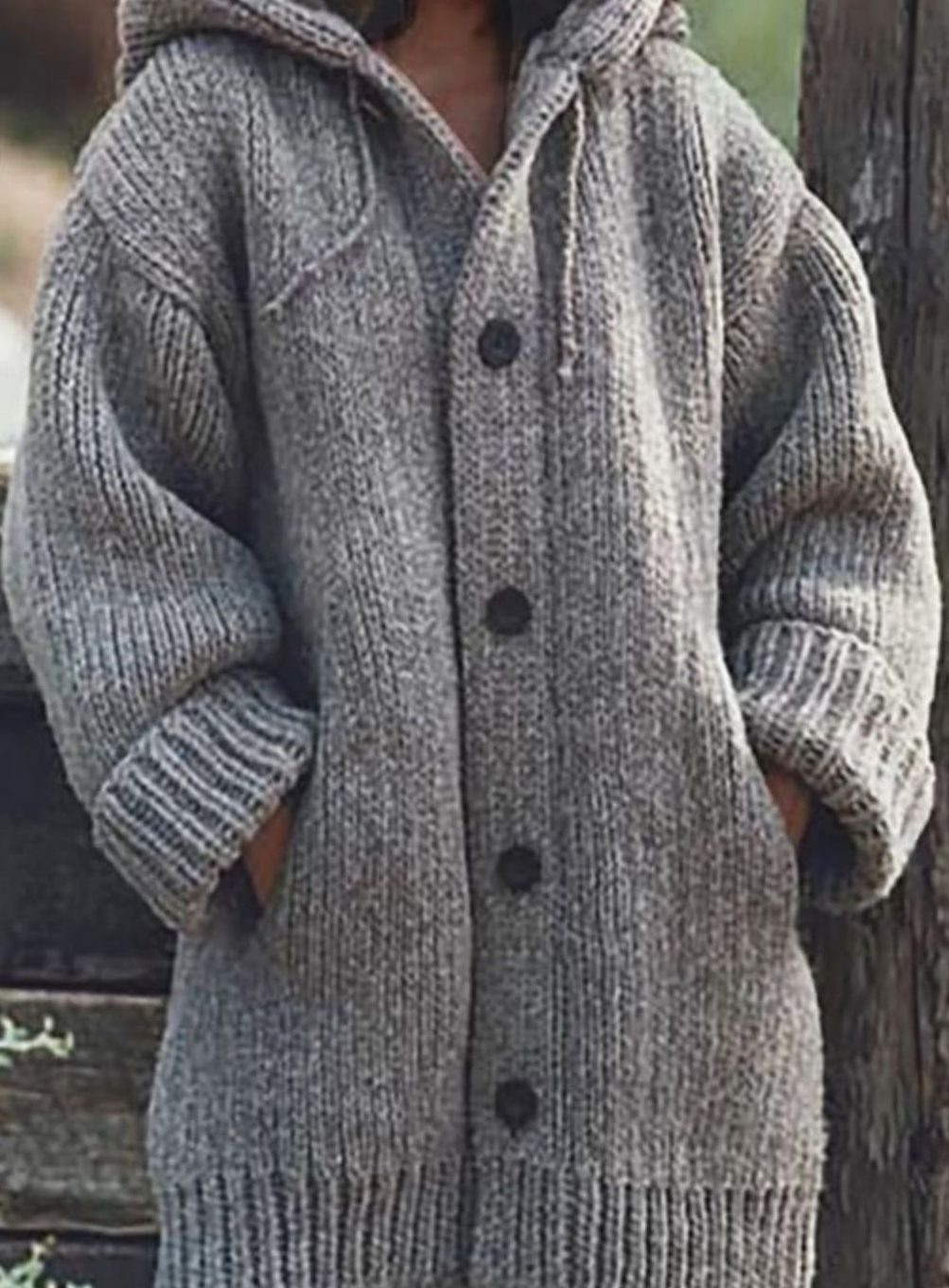 Women's Chunky Knit Hooded Oversized Cardigan with Pockets - Gray