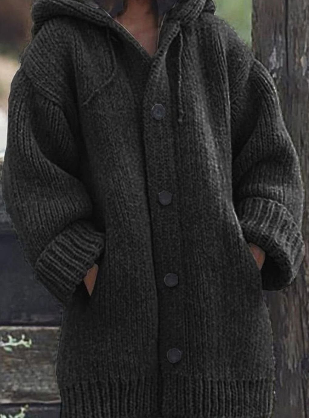 Women's Chunky Knit Hooded Oversized Cardigan with Pockets - Black