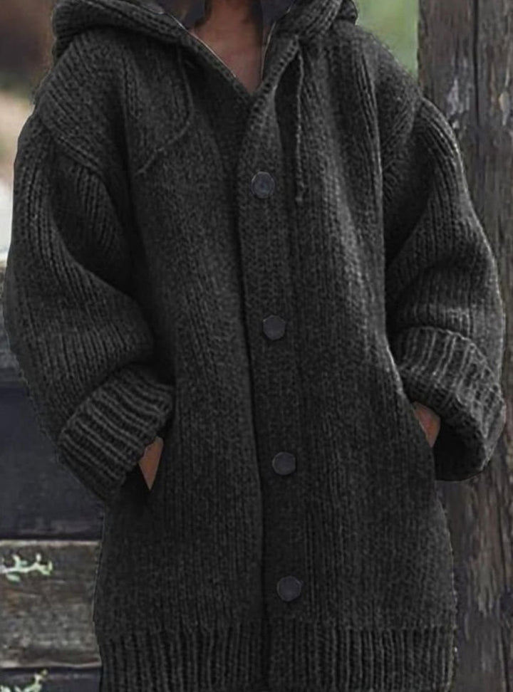 Women's Chunky Knit Hooded Oversized Cardigan with Pockets - Black