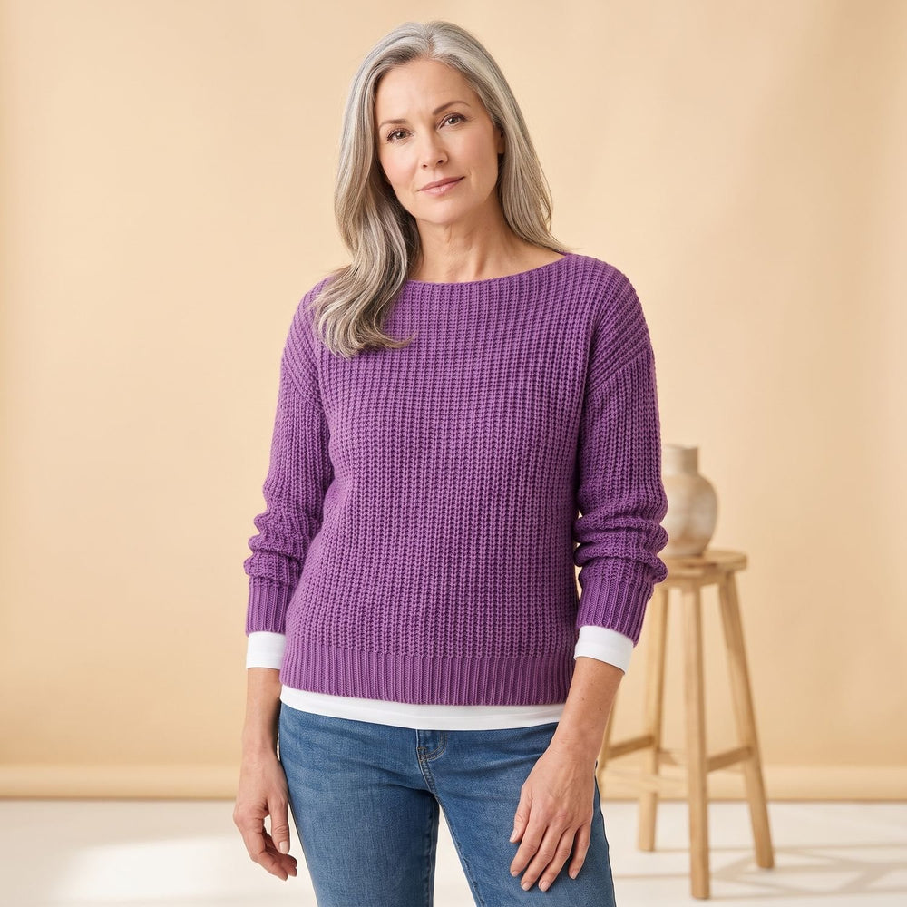 Women's Chunky Knit Pullover Sweater Relaxed Boat Neck - Purple