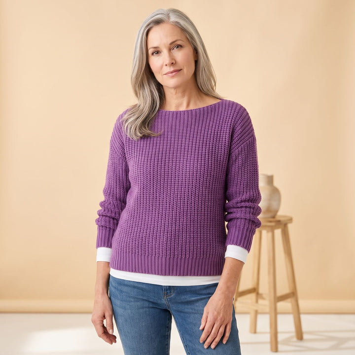 Women's Chunky Knit Pullover Sweater Relaxed Boat Neck - Purple