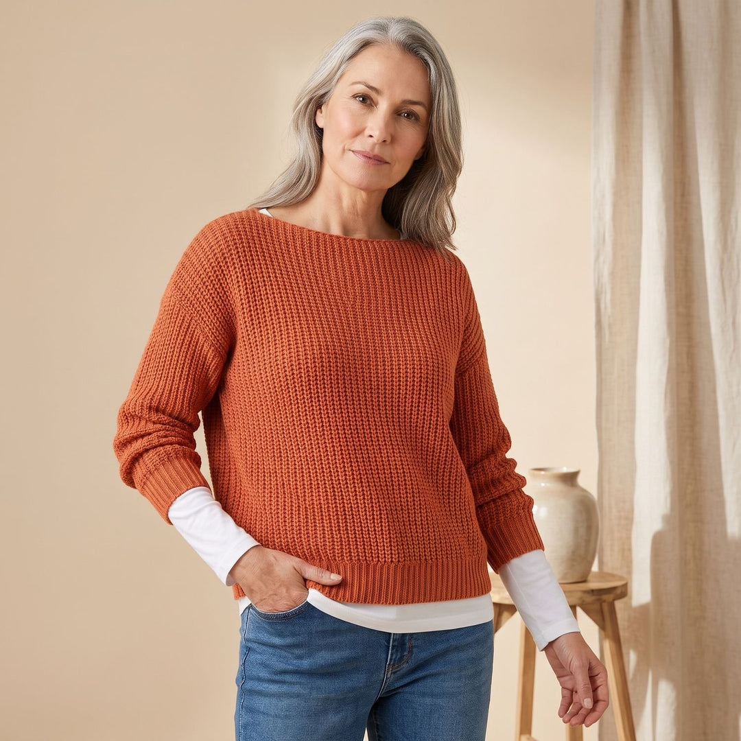 Women's Chunky Knit Pullover Sweater Relaxed Boat Neck - Orange