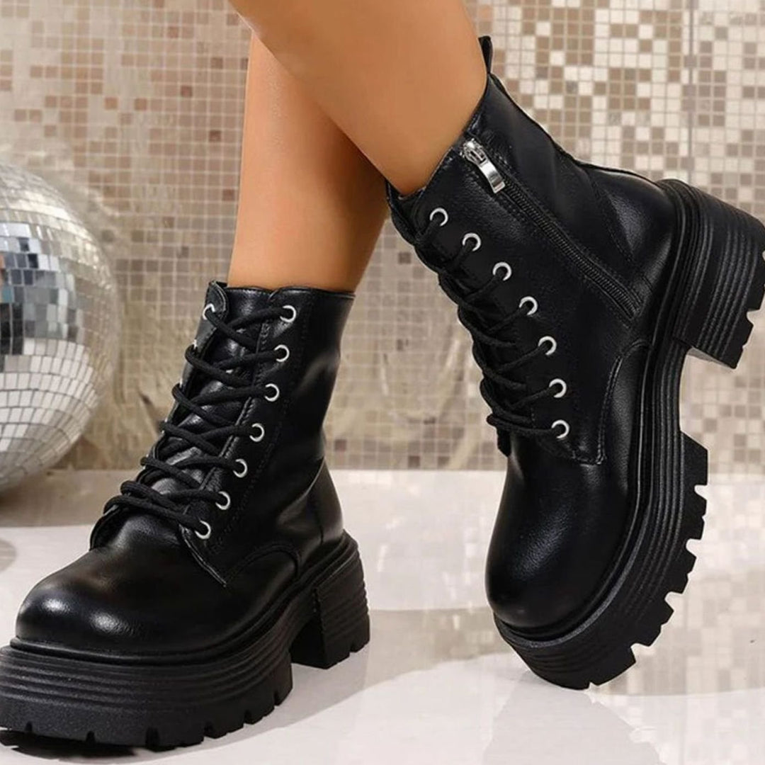 Women's Chunky Platform Lace-Up Ankle Boots Side Zip