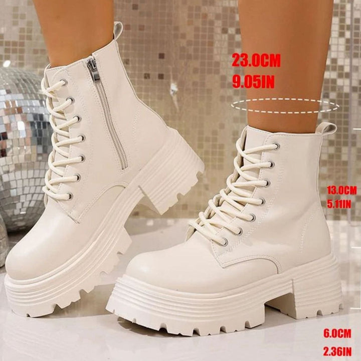 Women's Chunky Platform Lace-Up Ankle Boots Side Zip - Beige