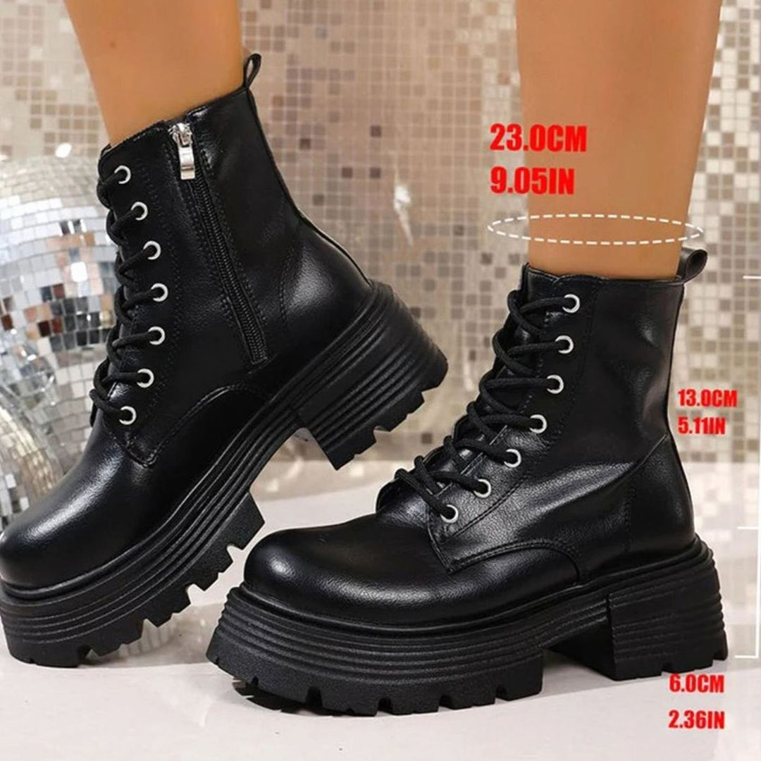 Women's Chunky Platform Lace-Up Ankle Boots Side Zip - Black